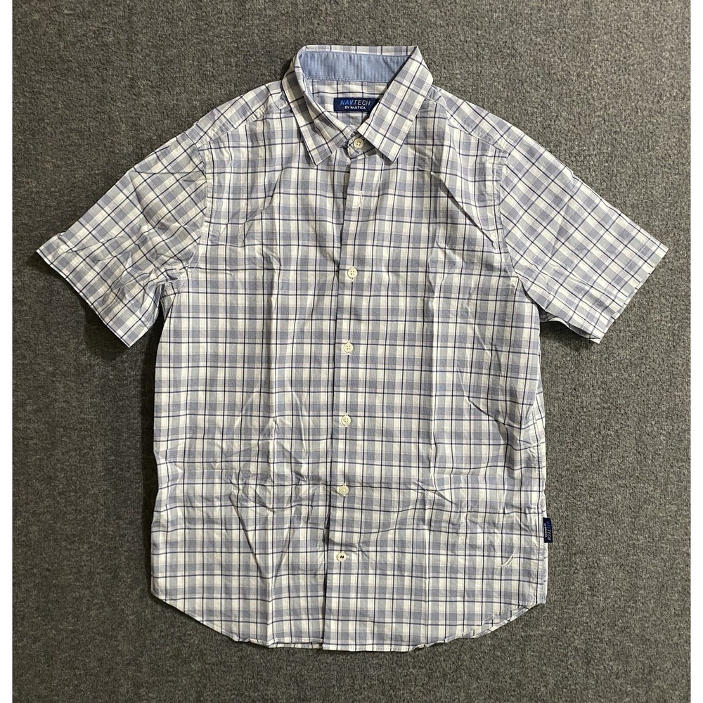NavTech By Nautica Mens Stretch Short Sleeve Button Up Shirt Plaid Blue S